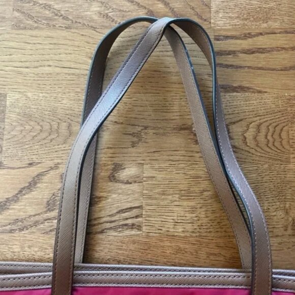 Michael Kors Kempton Red Nylon Brown Leather Tote Pocket Hand Shoulder Bag Zip - Picture 5 of 7